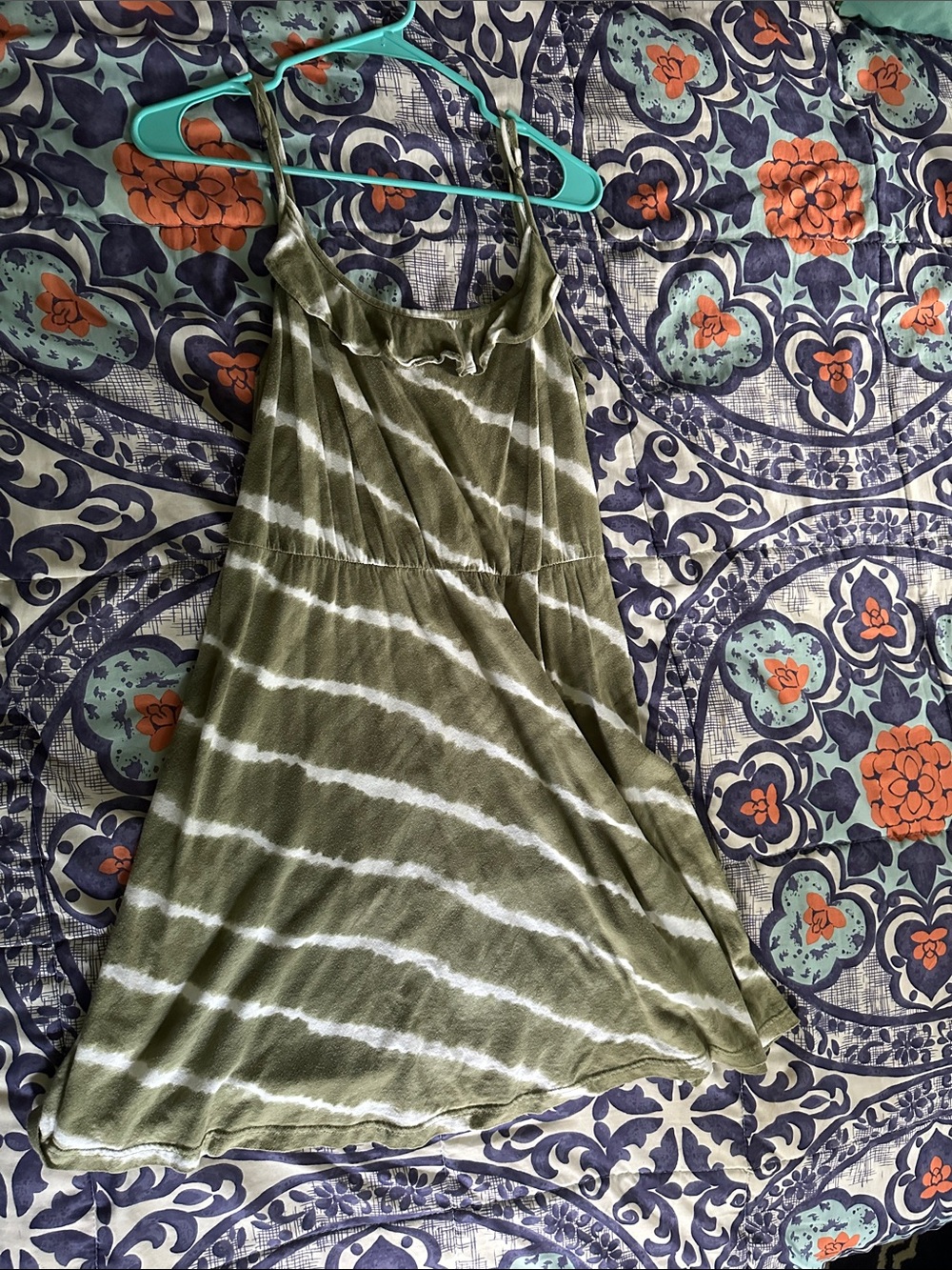 LOFT Olive Green and White Tie-Dye Spaghetti Strap Mini Dress